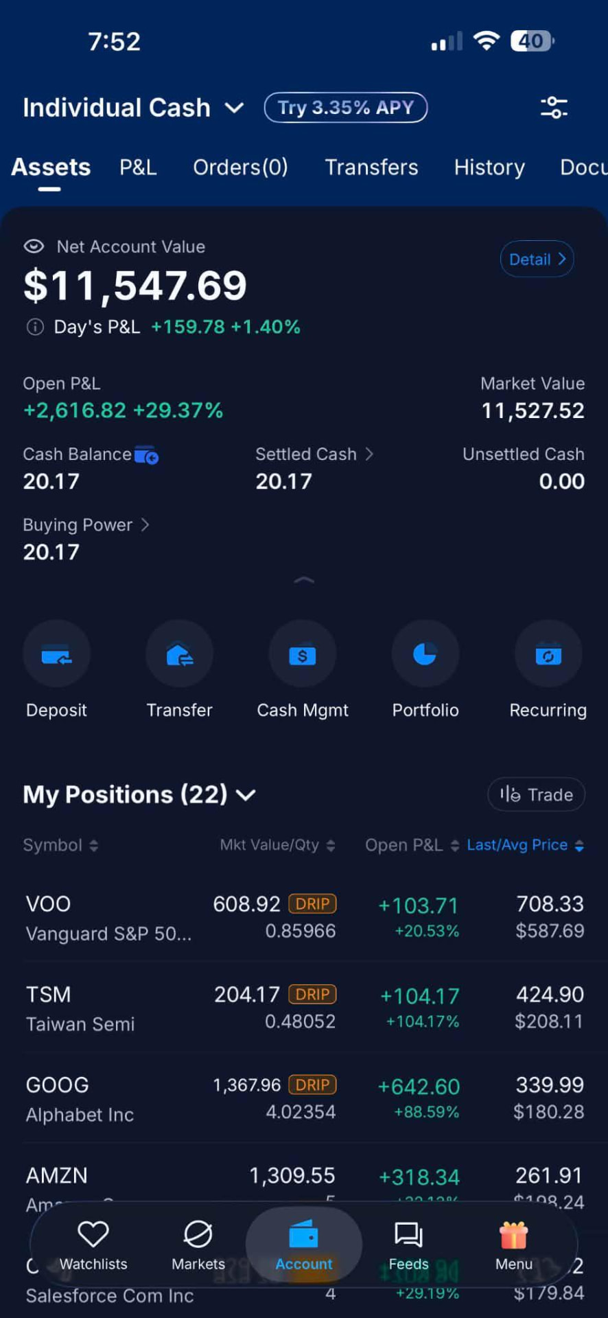 Cuenta de Claudia E. con $11,547.69 de valor neto y +29.37% de ganancia abierta